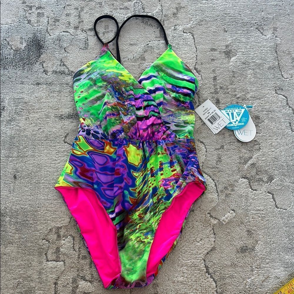 Green and Pink One Piece Swimsuit with Vibrant Design